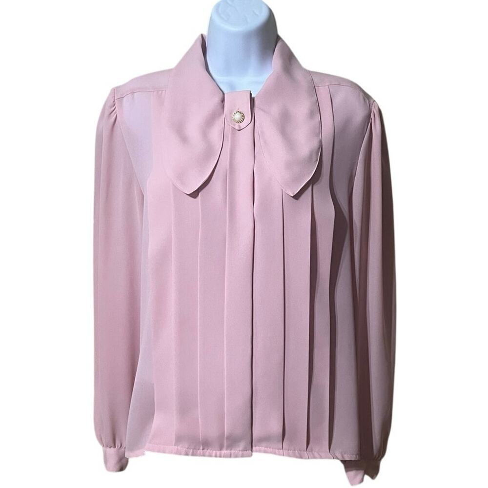 VTG Christie & Jill Pink Pleated Secretary Blouse 10 Pearl Button Office Chic